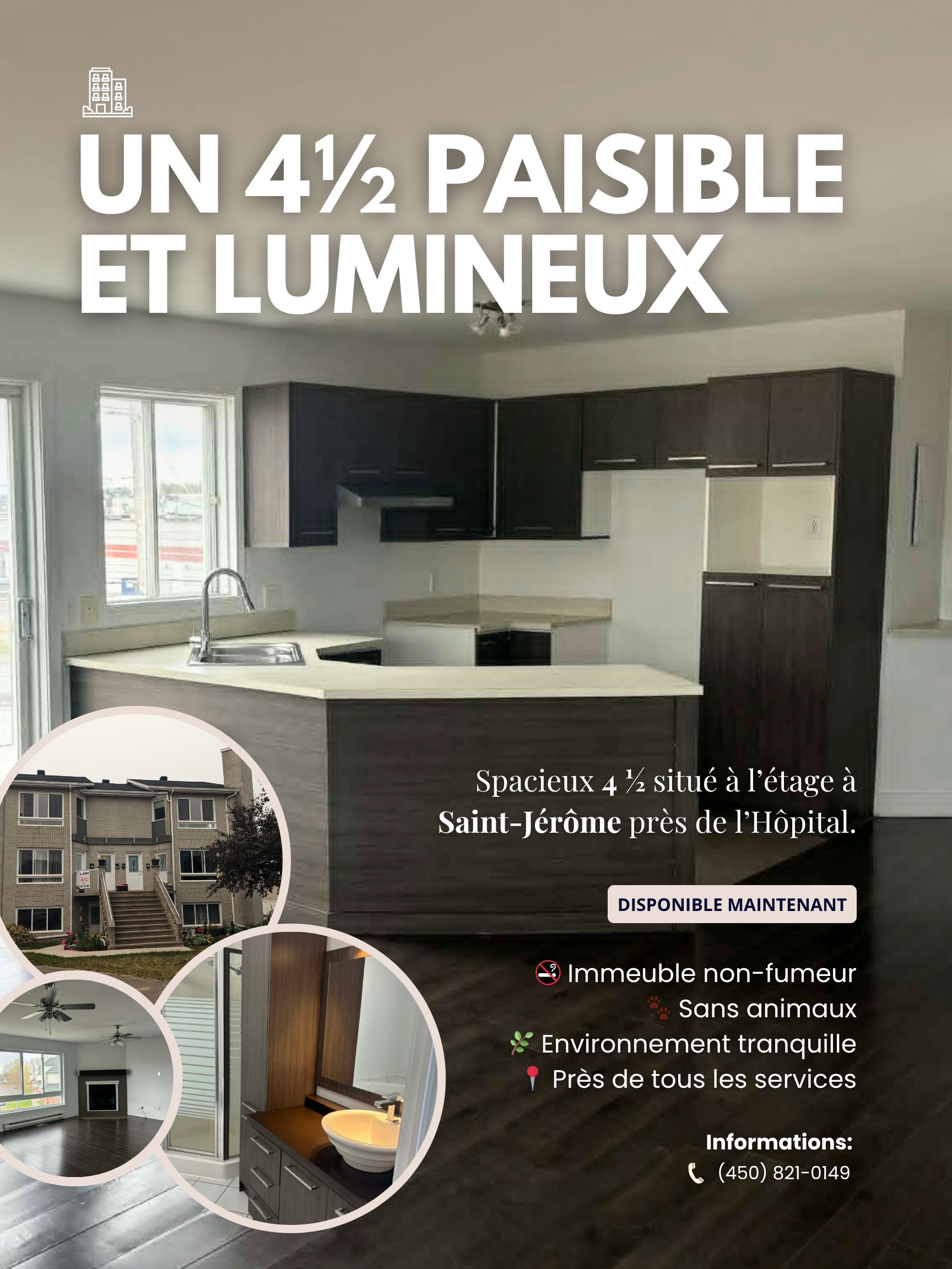 4½ paisible et lumineux à Saint-Jérôme près de l'Hôpital — Disponible maintenant
