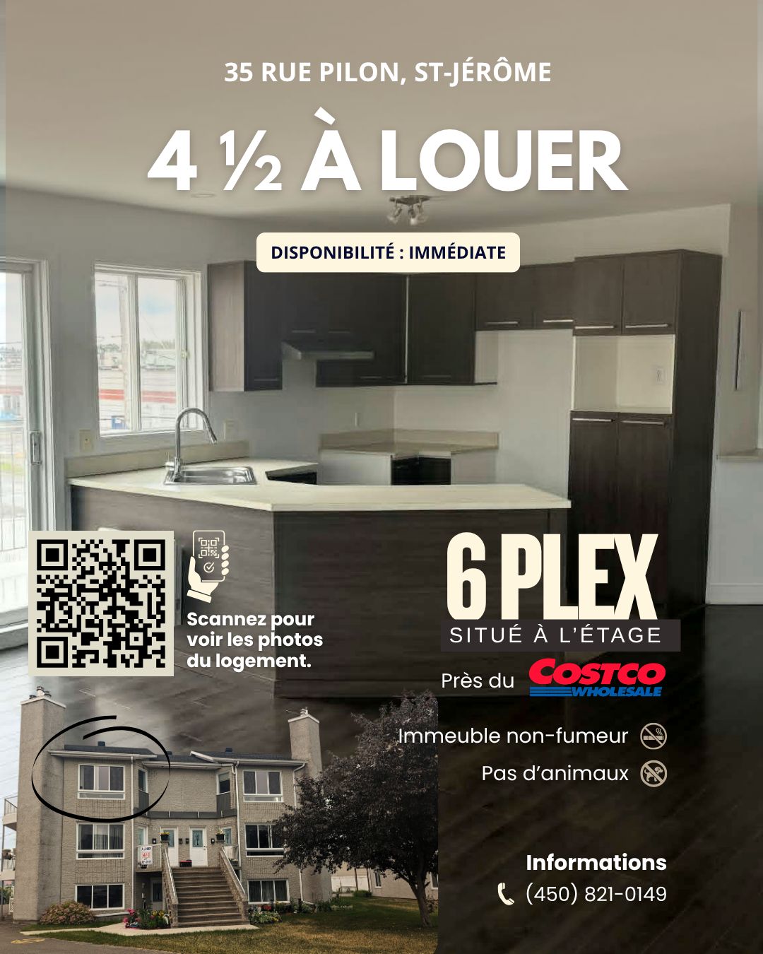 4½ à louer, 35 rue Pilon — 6-plex situé à l'étage, près du Costco. Disponibilité immédiate.